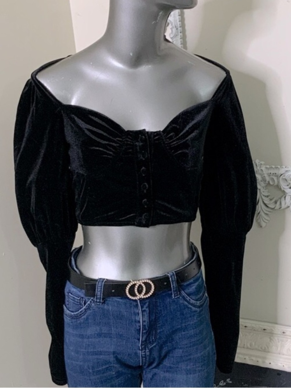 Audrey 3+1 Velvet Puff Sleeve Sweetheart Neckline Cropped Top
